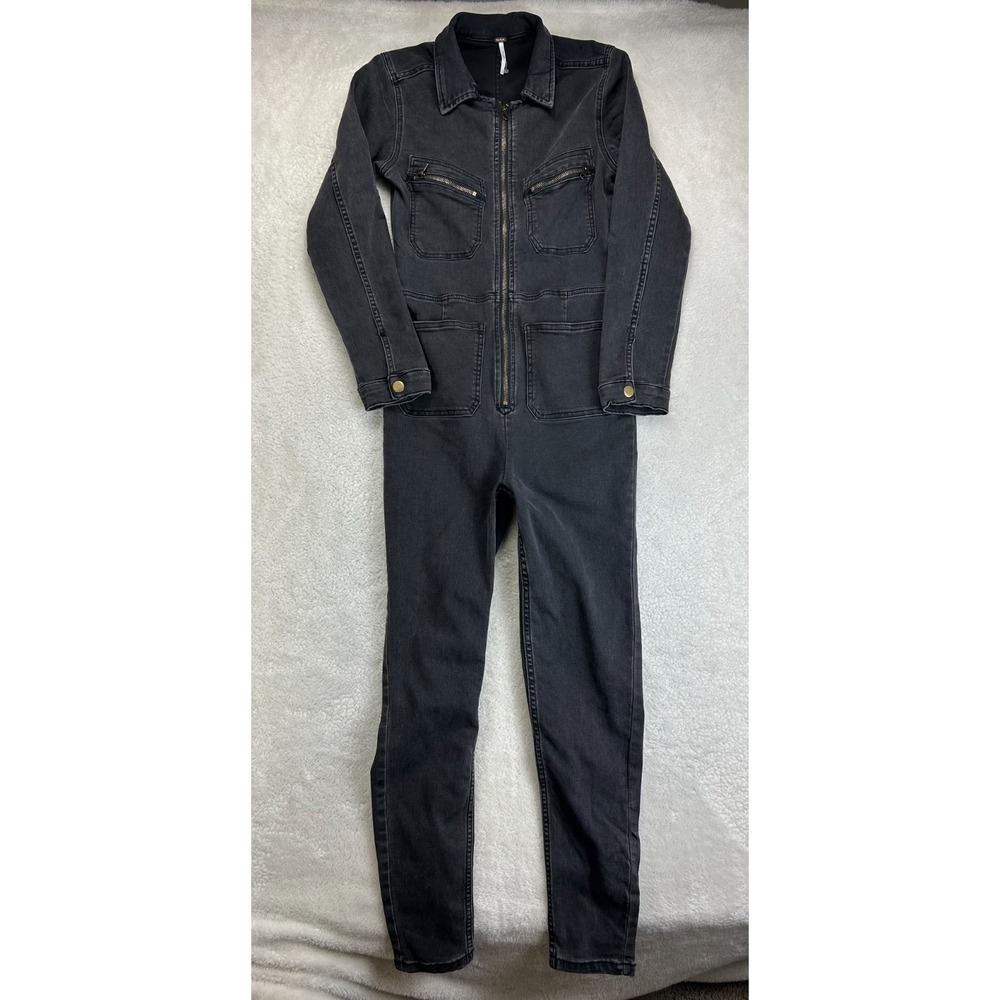 Free People Lennox One-Piece Jumpsuit Womens S Black Denim Skinny Leg Stretch